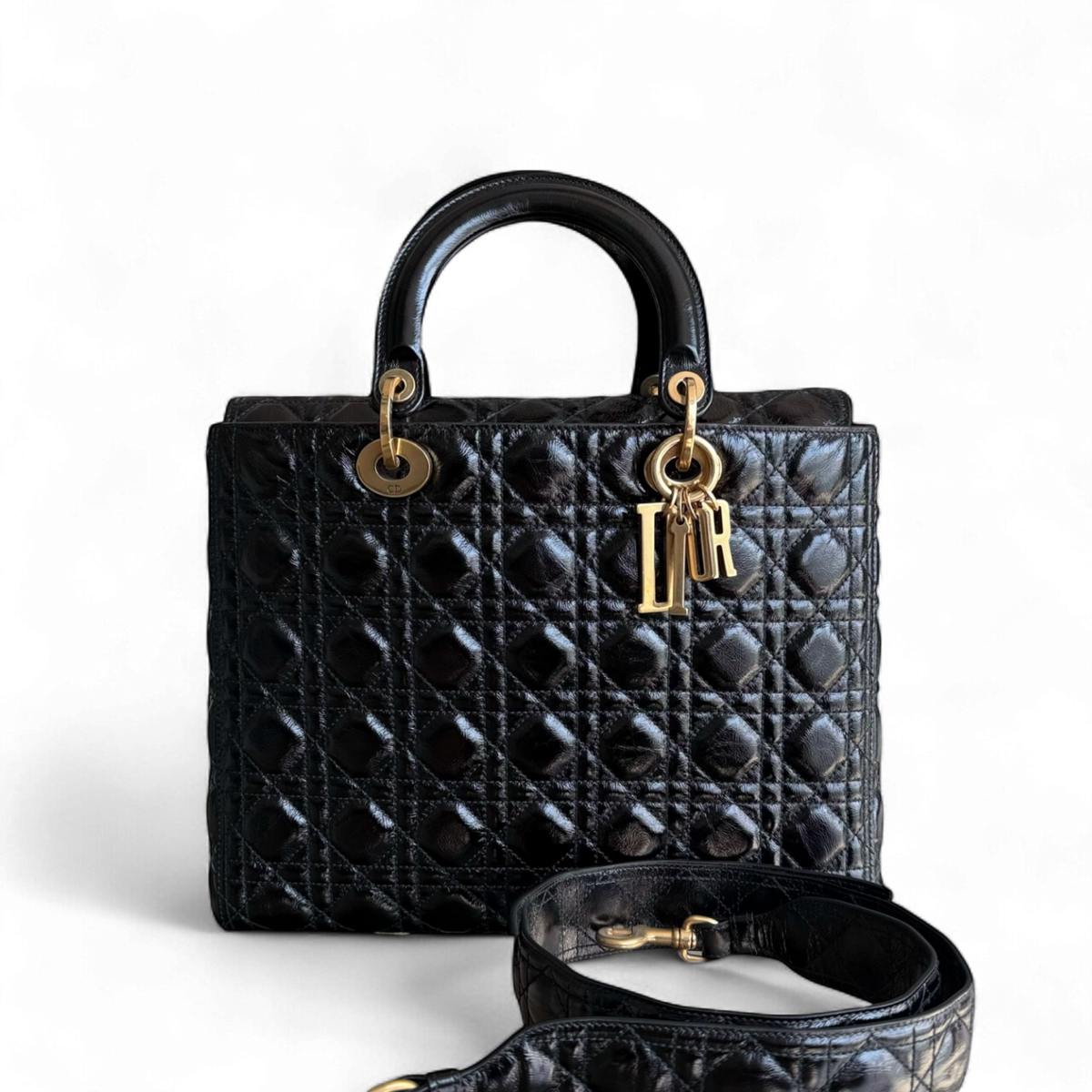 Dior Lady Large Flap - Canange Glazed Calfskin Black Gold Hardware