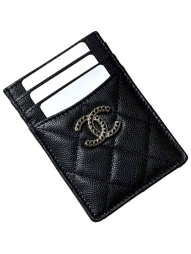 Strass CC Logo Caviar Leather Card Wallet Black Chanel