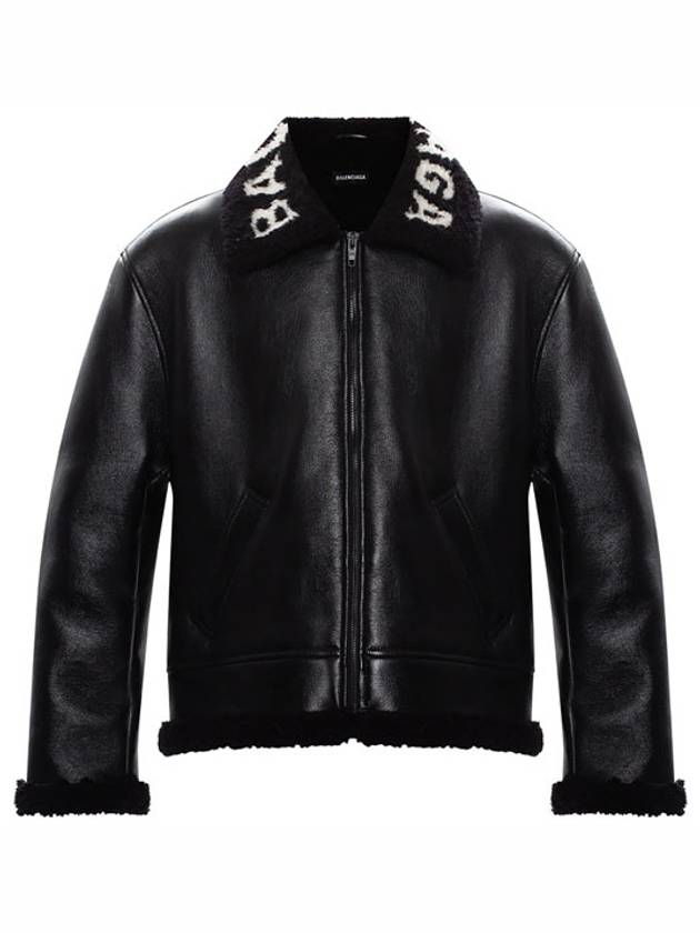 Luxury Balenciaga  Logo Shearling Collar Leather Jacket Black