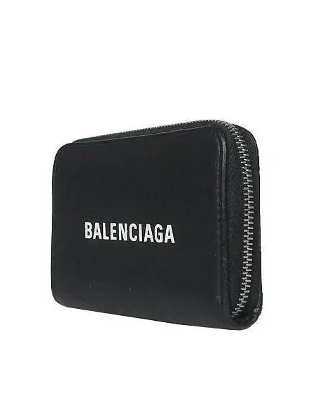 Luxury Balenciaga  505049 White Logo Black Leather Zipper Card Wallet
