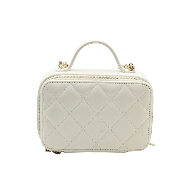 CHANEL Quilted Double Zip Small Vanity Case in White Shiny Lambskin Leather