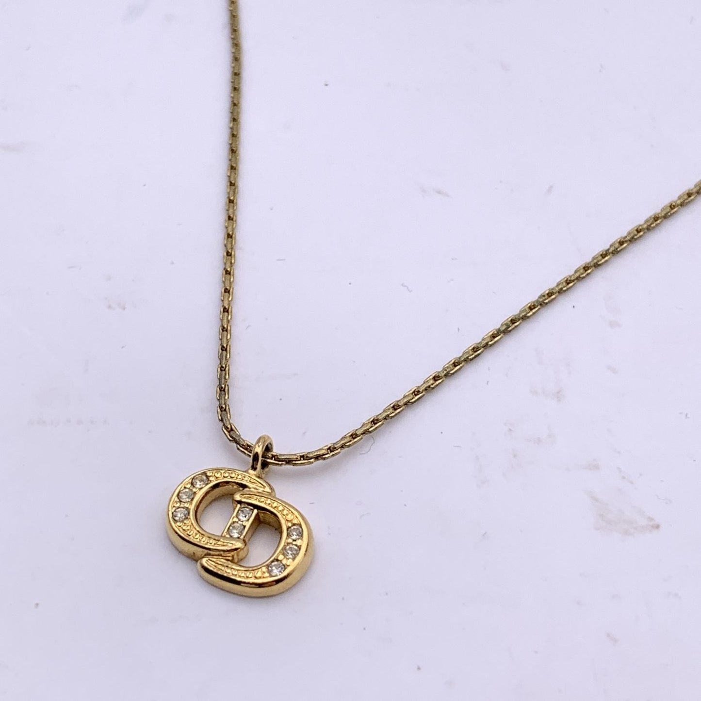 CHRISTIAN DIOR Vintage Gold Metal Crystal Cd Pendant Chain Necklace