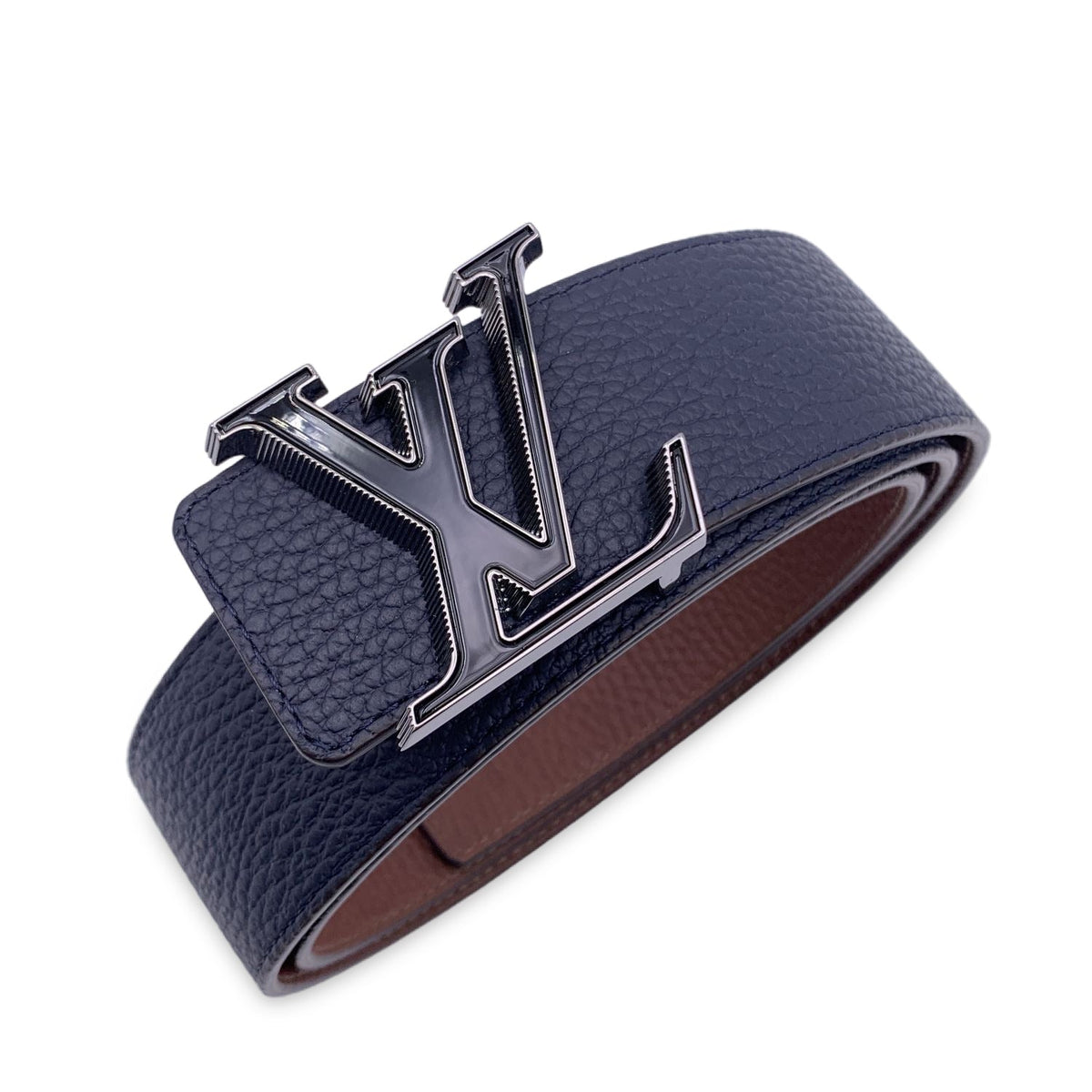 LOUIS VUITTON Reversible Blue Brown Lv Tilt Buckle Belt Size 100/40