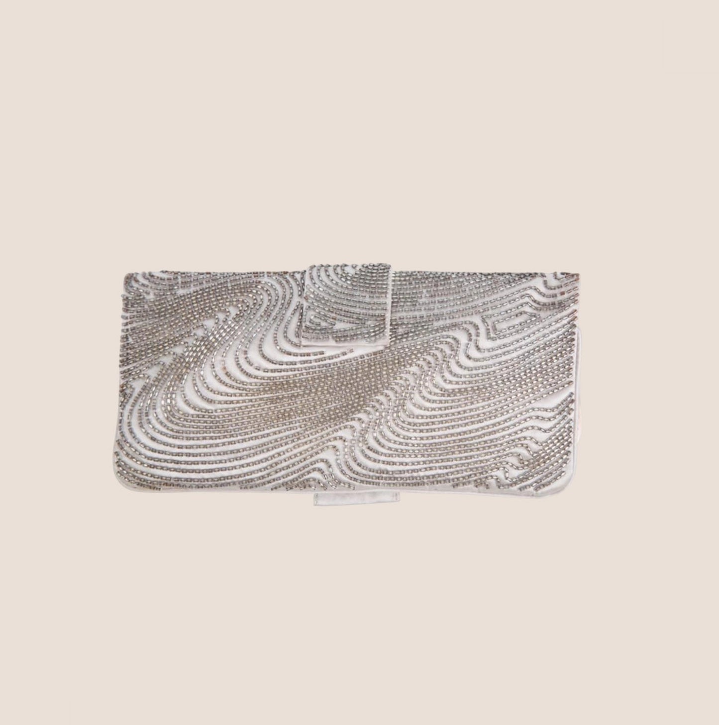 CHRISTIAN DIOR BEADED SILVER SATIN LOGO CLUTCH