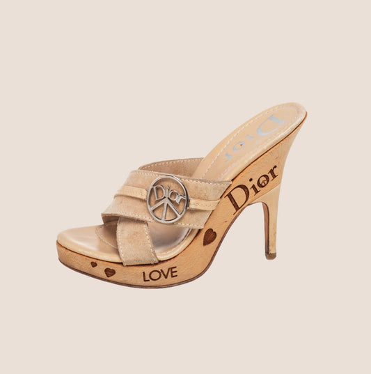CHRISTIAN DIOR BROWN SUEDE PEACE LOGO PLATFORM HEELS
