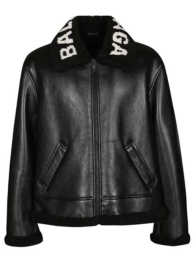 Luxury Balenciaga  Logo Shearling Collar Leather Jacket Black