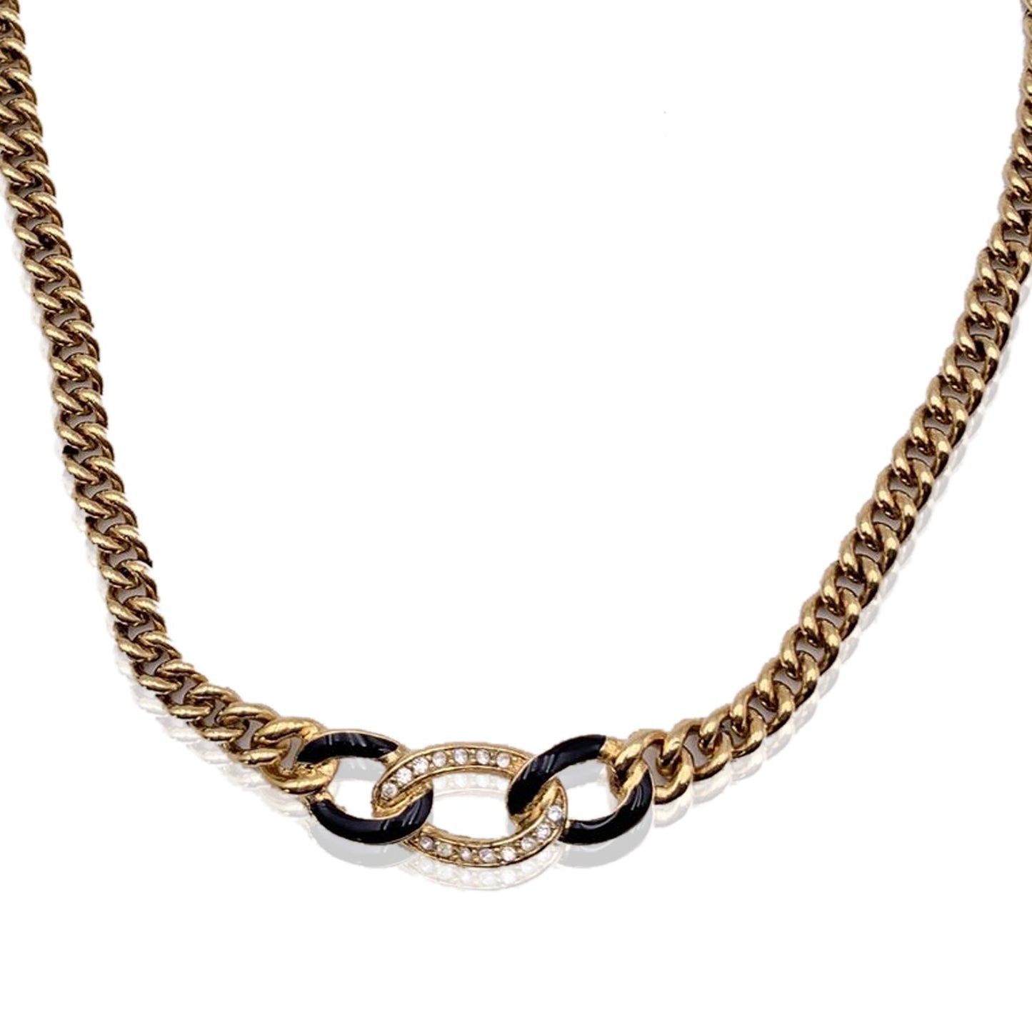 CHRISTIAN DIOR Vintage Gold Metal Chain Link Crystal Enamel Necklace