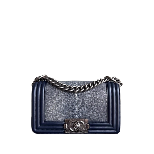 Chanel Boy Small - Small Galuchat Stingray Blue Ruthenium Silver Hardware Series 20