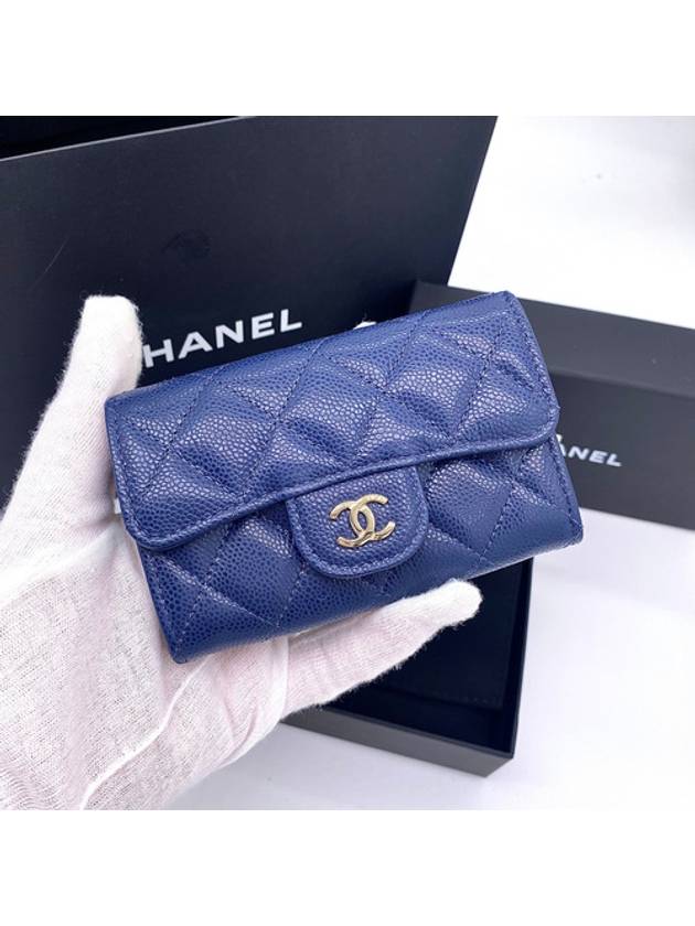 Classic Gold Logo Grained Shiny Calfskin Card Wallet Navy Chanel