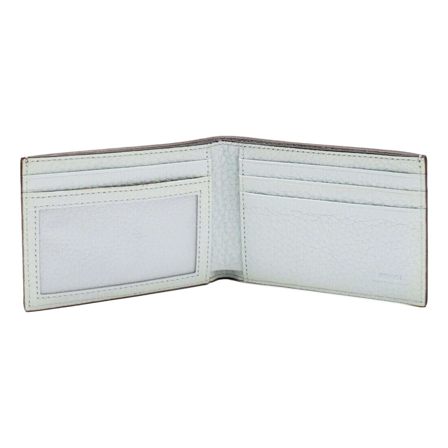 Fendi FF Logo Plaque Light Gray Pebbled Calf Leather Bifold Wallet