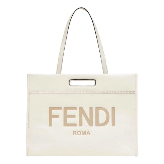 Fendi Logo 2-Way Smooth Ivory Leather Tote Bag