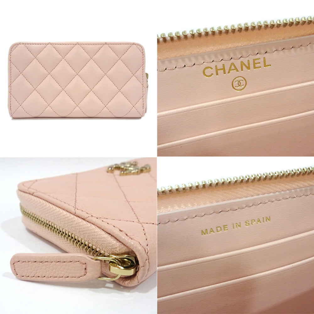 Chanel Matrasse  Wallet AP3605 Green  S Caviar Skin Pink G  Round  Wallet Mini