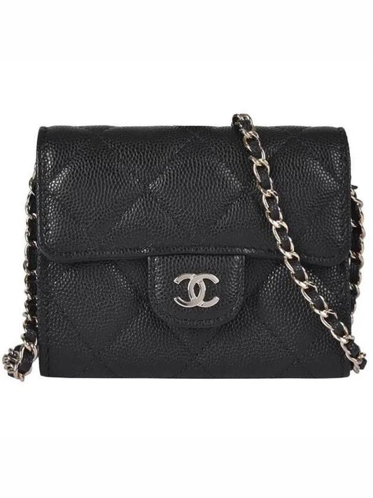CC Logo Caviar Chain Flap Card Wallet Black Chanel