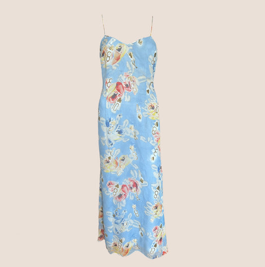 CHRISTIAN DIOR SS 2001 BLUE FLORAL DOMINO SILK DRESS