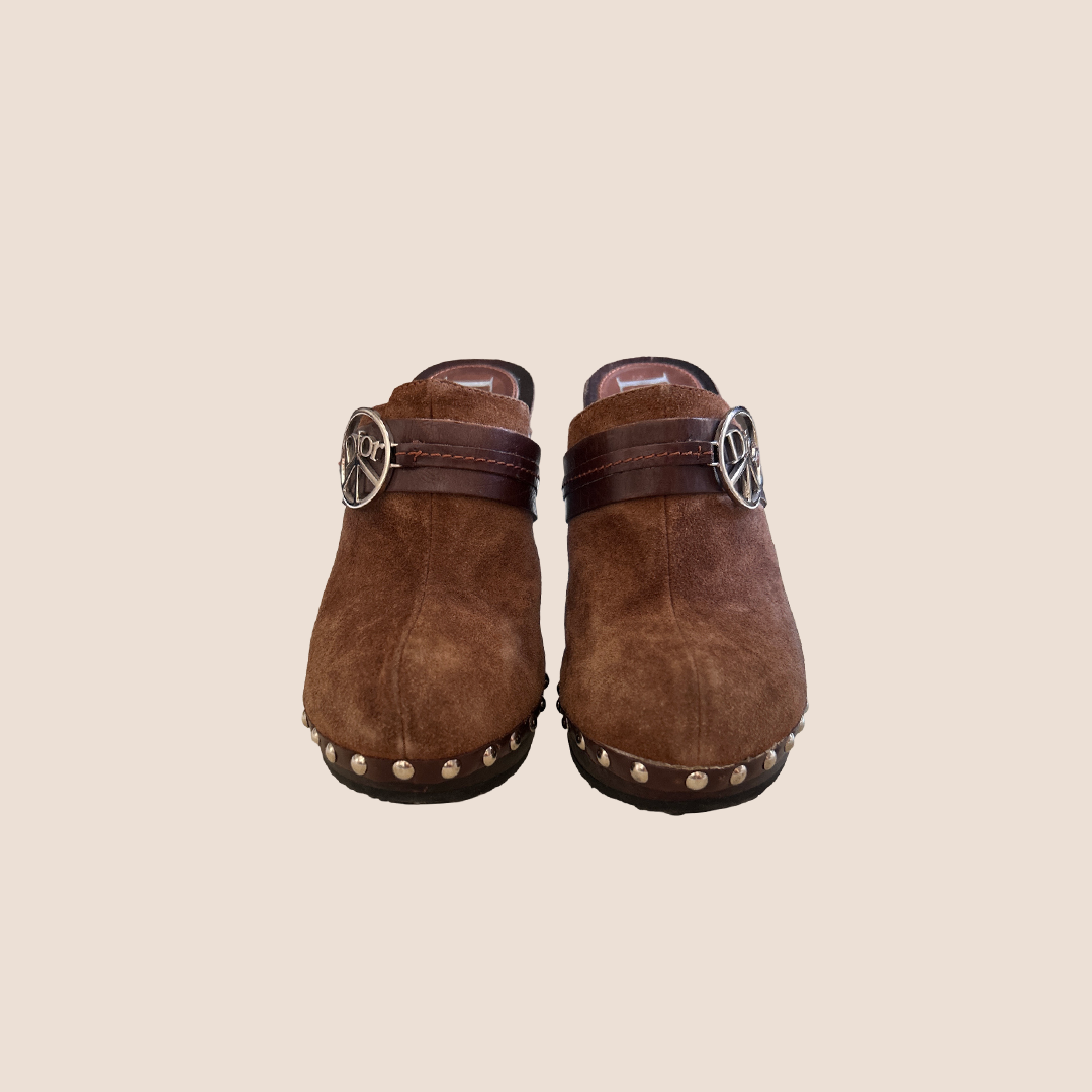 CHRISTIAN DIOR 2005 BROWN SUEDE STUDDED CLOGS