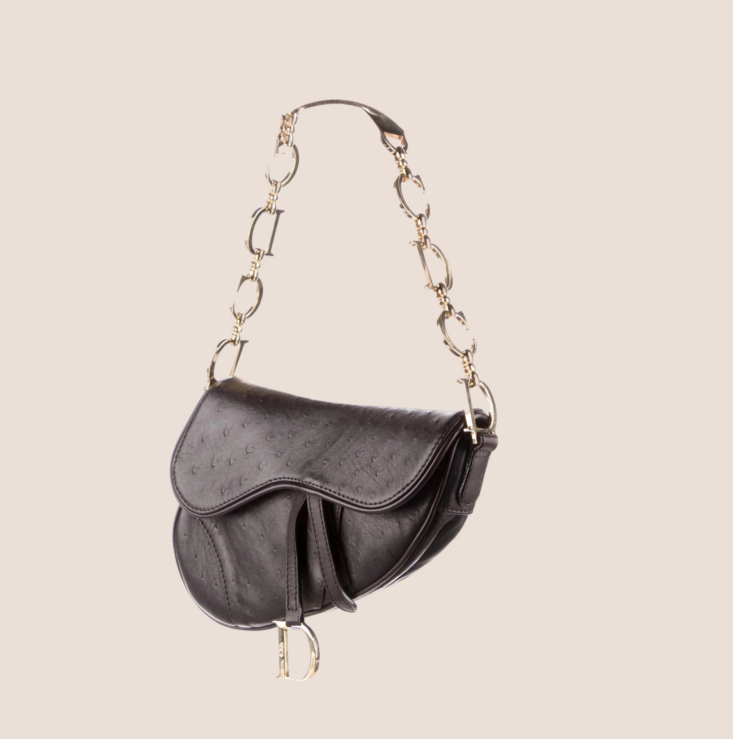 CHRISTIAN DIOR 2000 BROWN OSTRICH LEATHER CHAIN SADDLE BAG