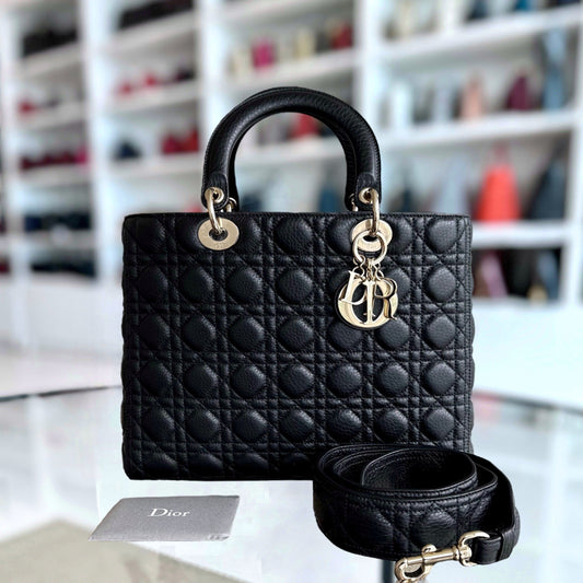 *Flap, Grained Calfskin* Lady Large Flap Grained Calfskin Cannage Black GHW