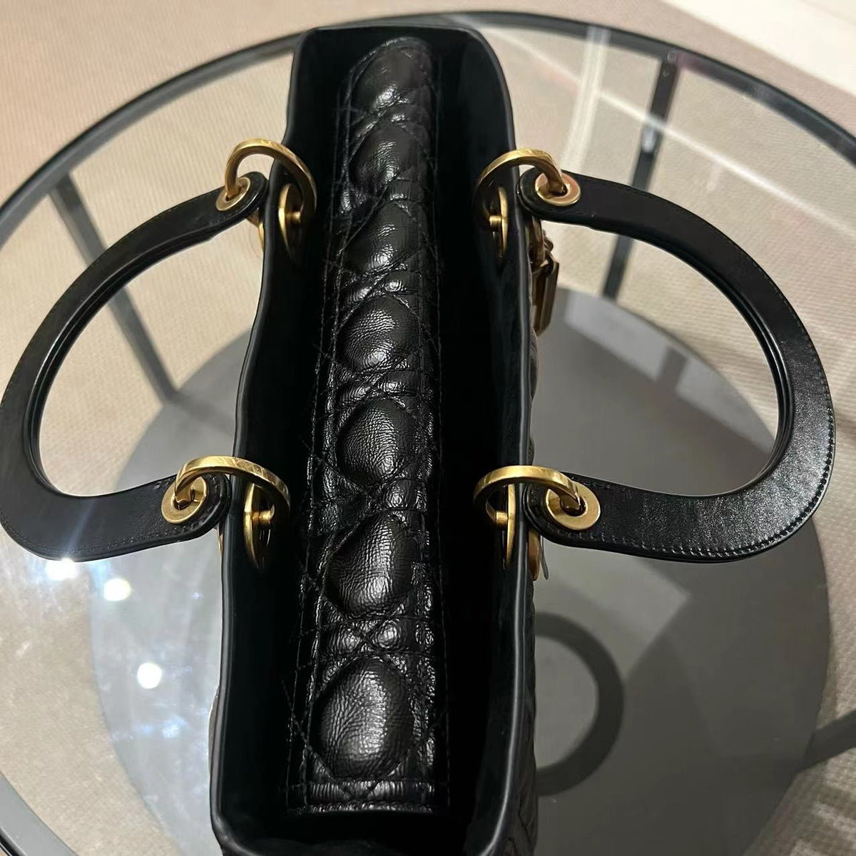 *Flap Version* Lady Large Glazed Calfskin Black Golden Hardware With Strap