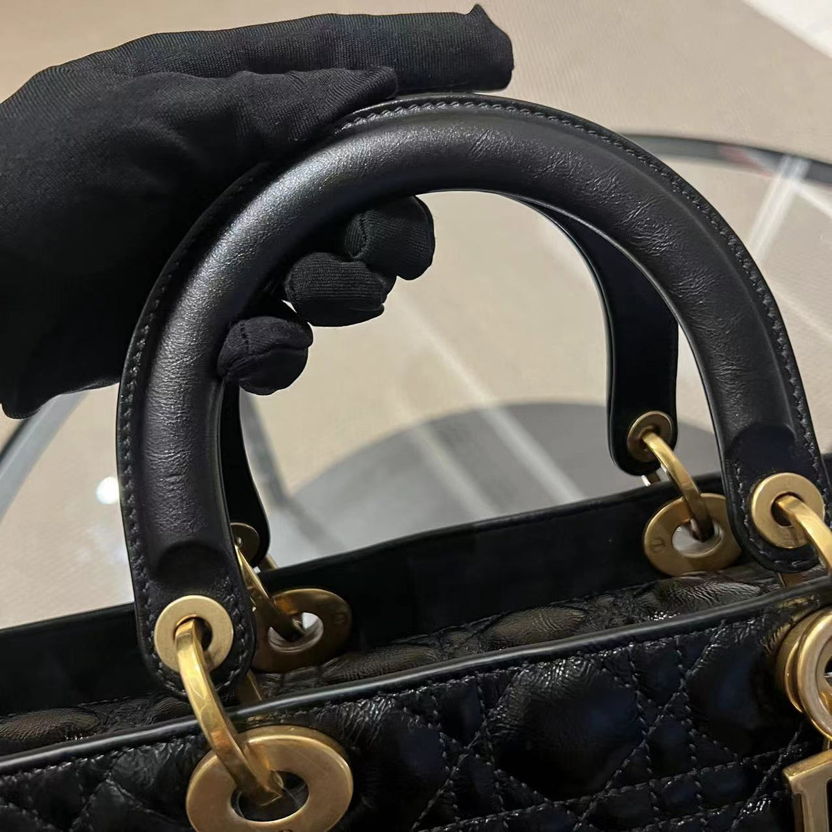 *Flap Version* Lady Large Glazed Calfskin Black Golden Hardware With Strap