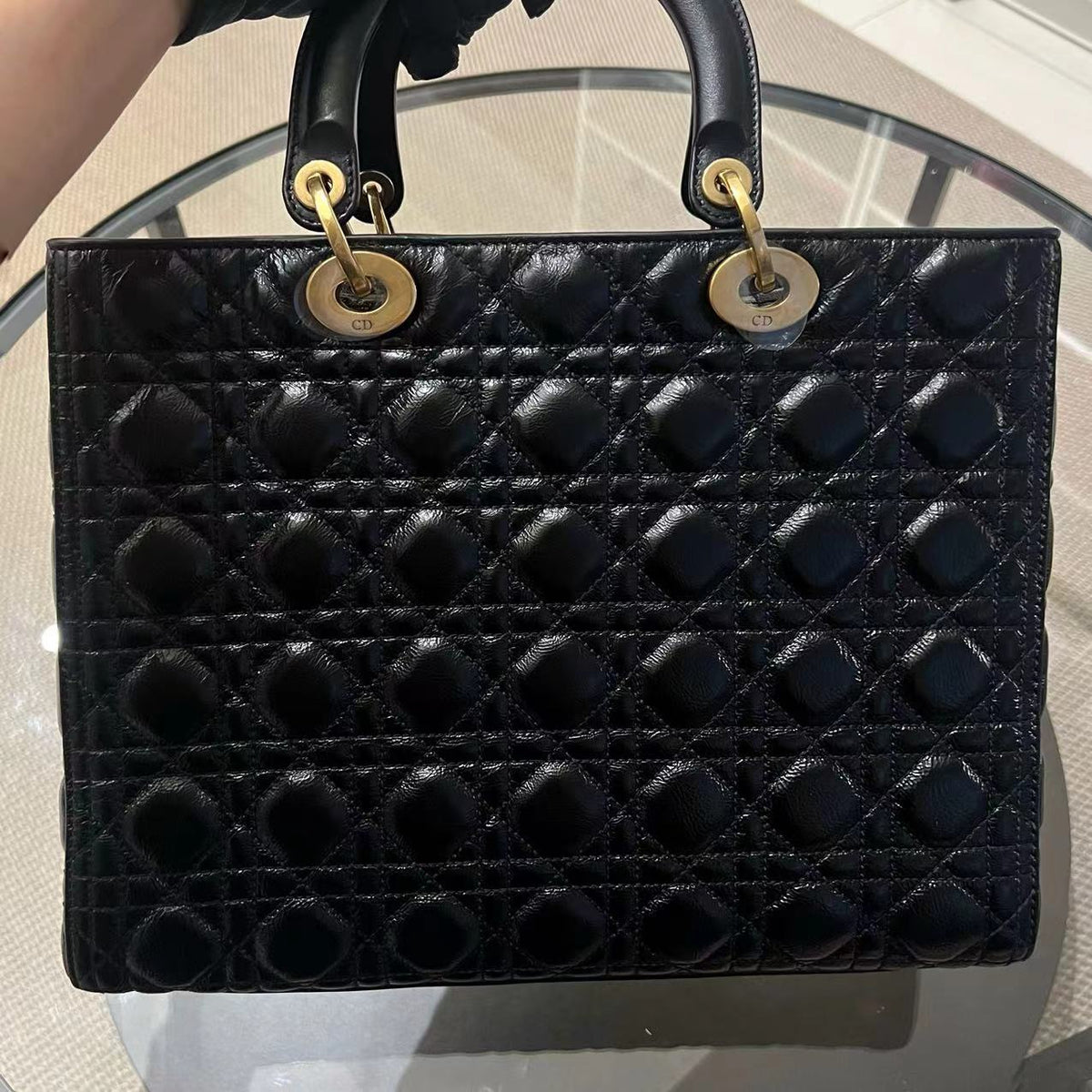 *Flap Version* Lady Large Glazed Calfskin Black Golden Hardware With Strap