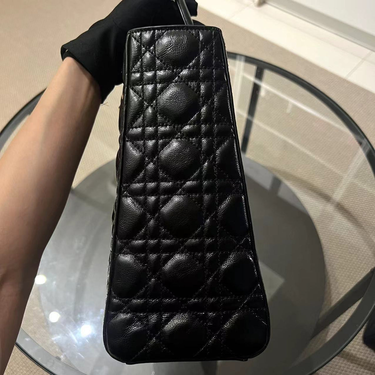 *Flap Version* Lady Large Glazed Calfskin Black Golden Hardware With Strap