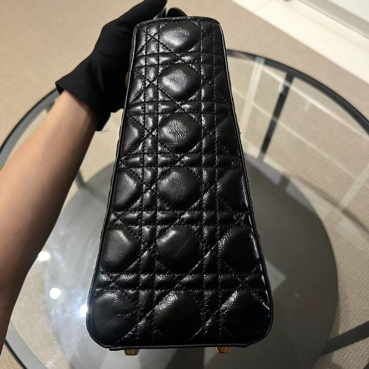 *Flap Version* Lady Large Glazed Calfskin Black Golden Hardware With Strap