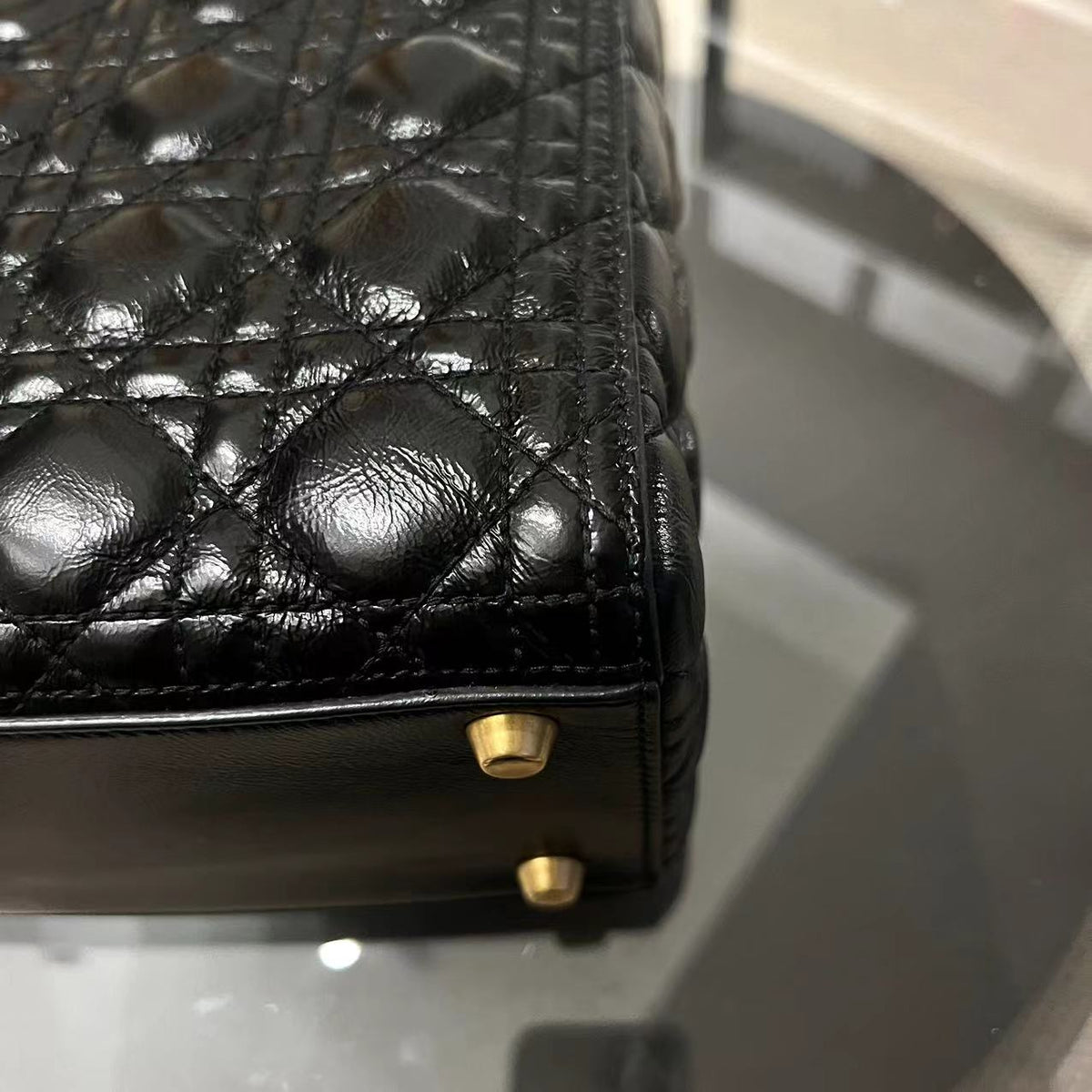 *Flap Version* Lady Large Glazed Calfskin Black Golden Hardware With Strap
