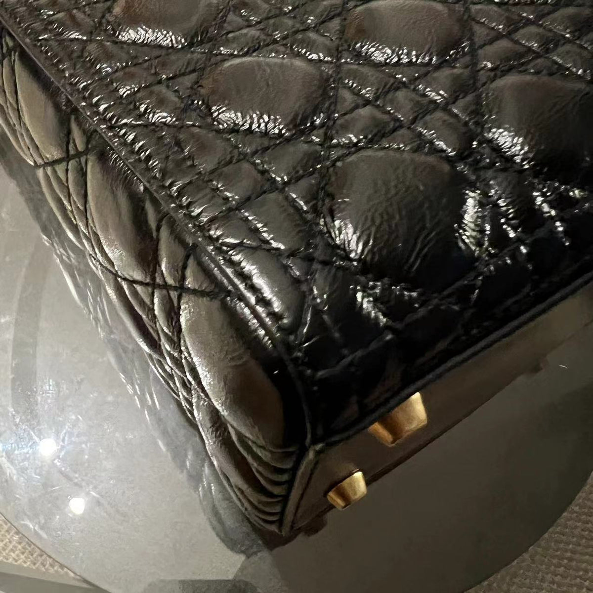 *Flap Version* Lady Large Glazed Calfskin Black Golden Hardware With Strap