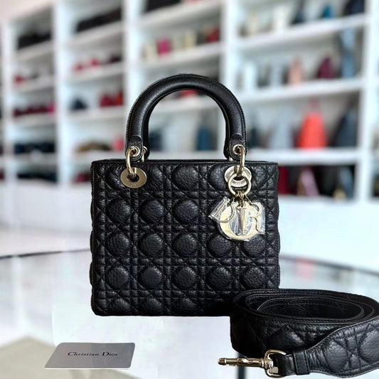 *Flap Version* Lady Medium Flap Cannage Grained Calfskin  Black GHW