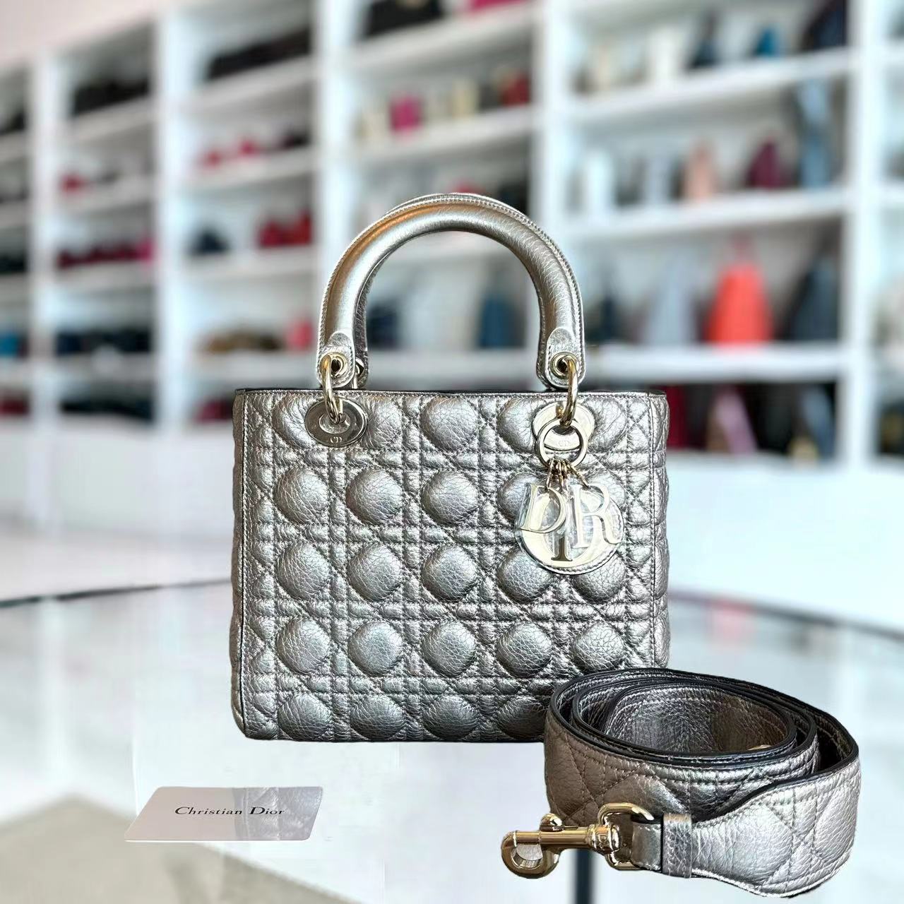 *Flap version* Dior Lady Medium Grained Iridescent Calfskin Gold GHW