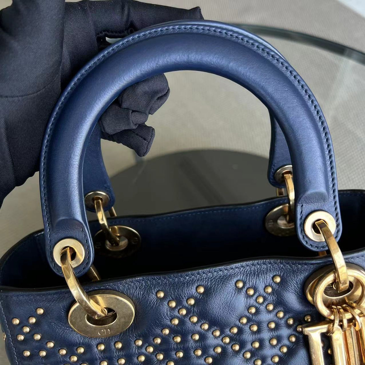*Flap Version* Lady Medium Studded Calfskin Dark Blue Golden Hardware