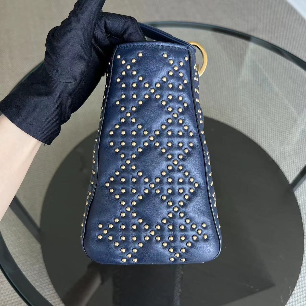 *Flap Version* Lady Medium Studded Calfskin Dark Blue Golden Hardware