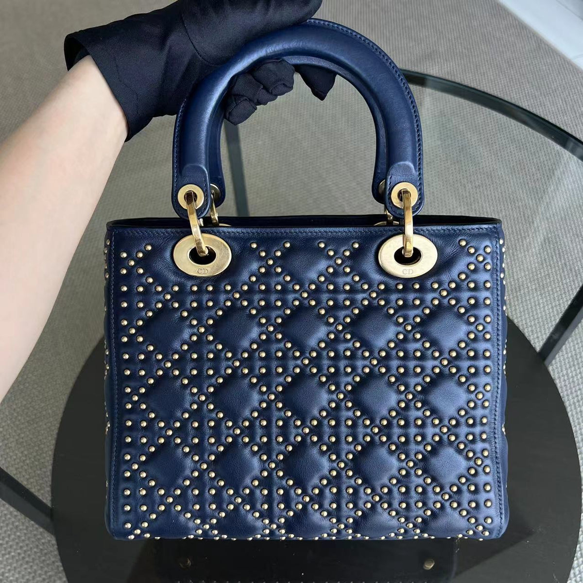 *Flap Version* Lady Medium Studded Calfskin Dark Blue Golden Hardware
