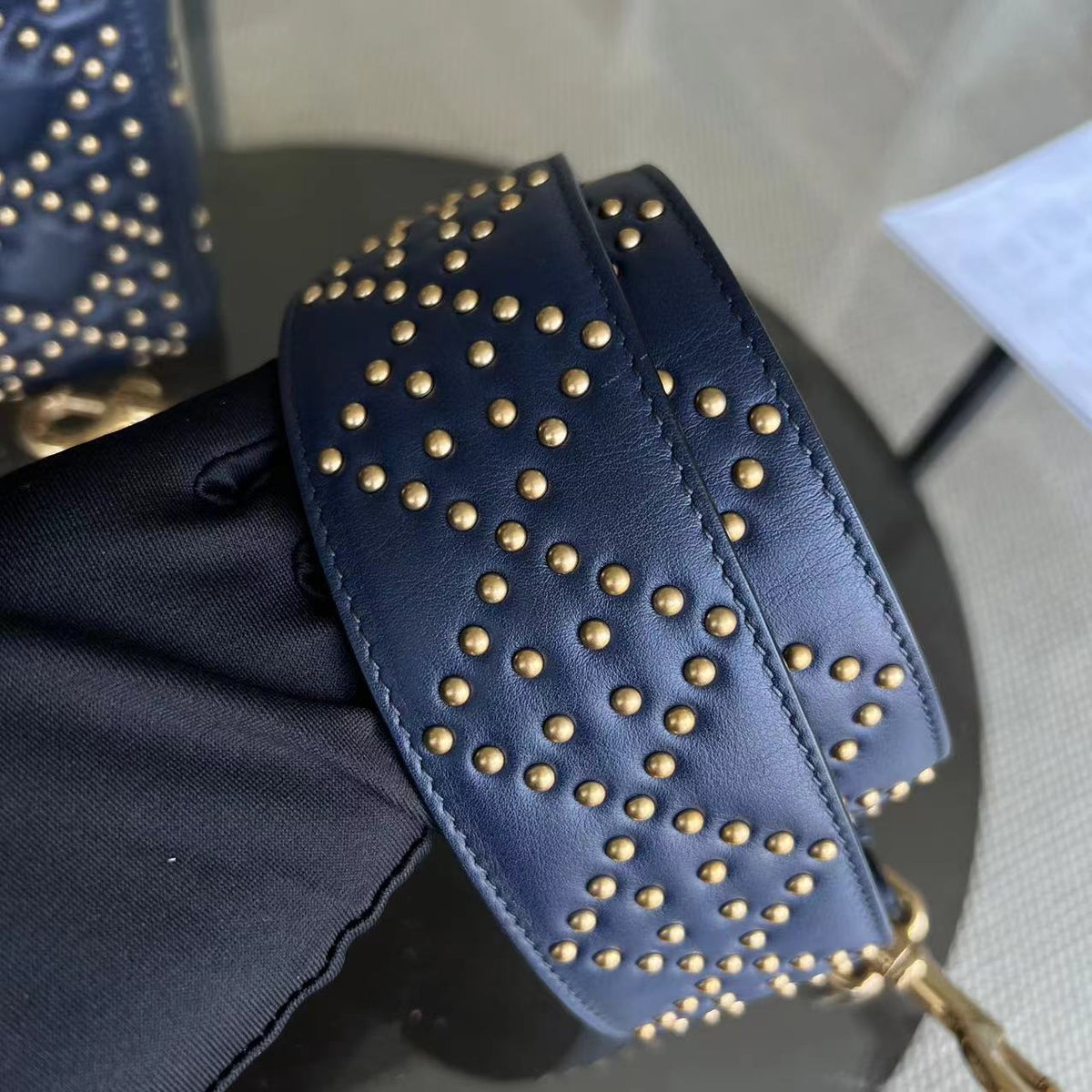 *Flap Version* Lady Medium Studded Calfskin Dark Blue Golden Hardware