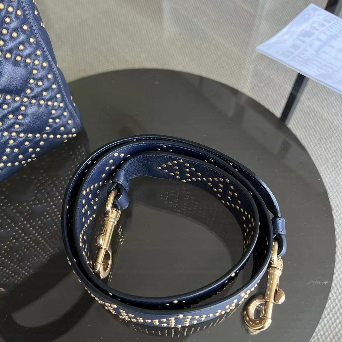 *Flap Version* Lady Medium Studded Calfskin Dark Blue Golden Hardware