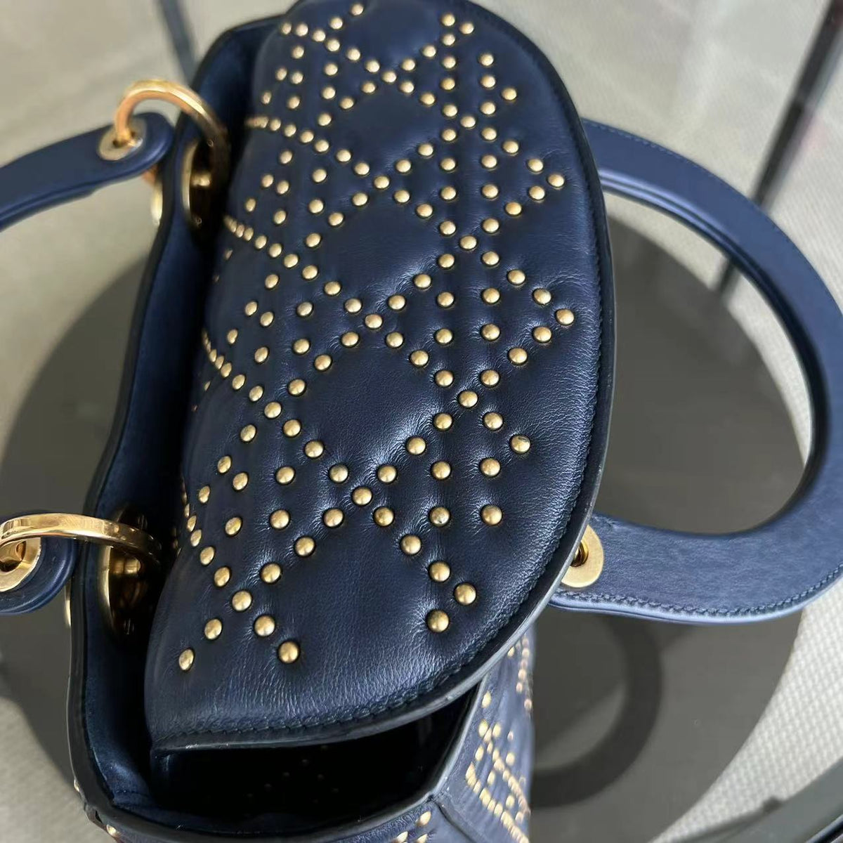 *Flap Version* Lady Medium Studded Calfskin Dark Blue Golden Hardware