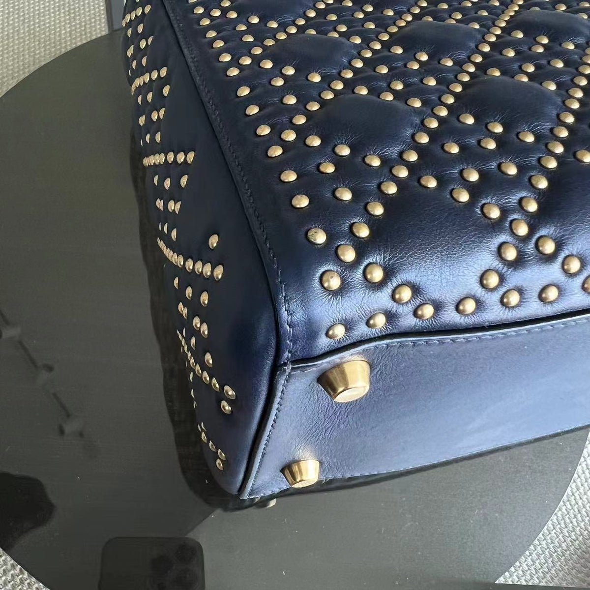 *Flap Version* Lady Medium Studded Calfskin Dark Blue Golden Hardware