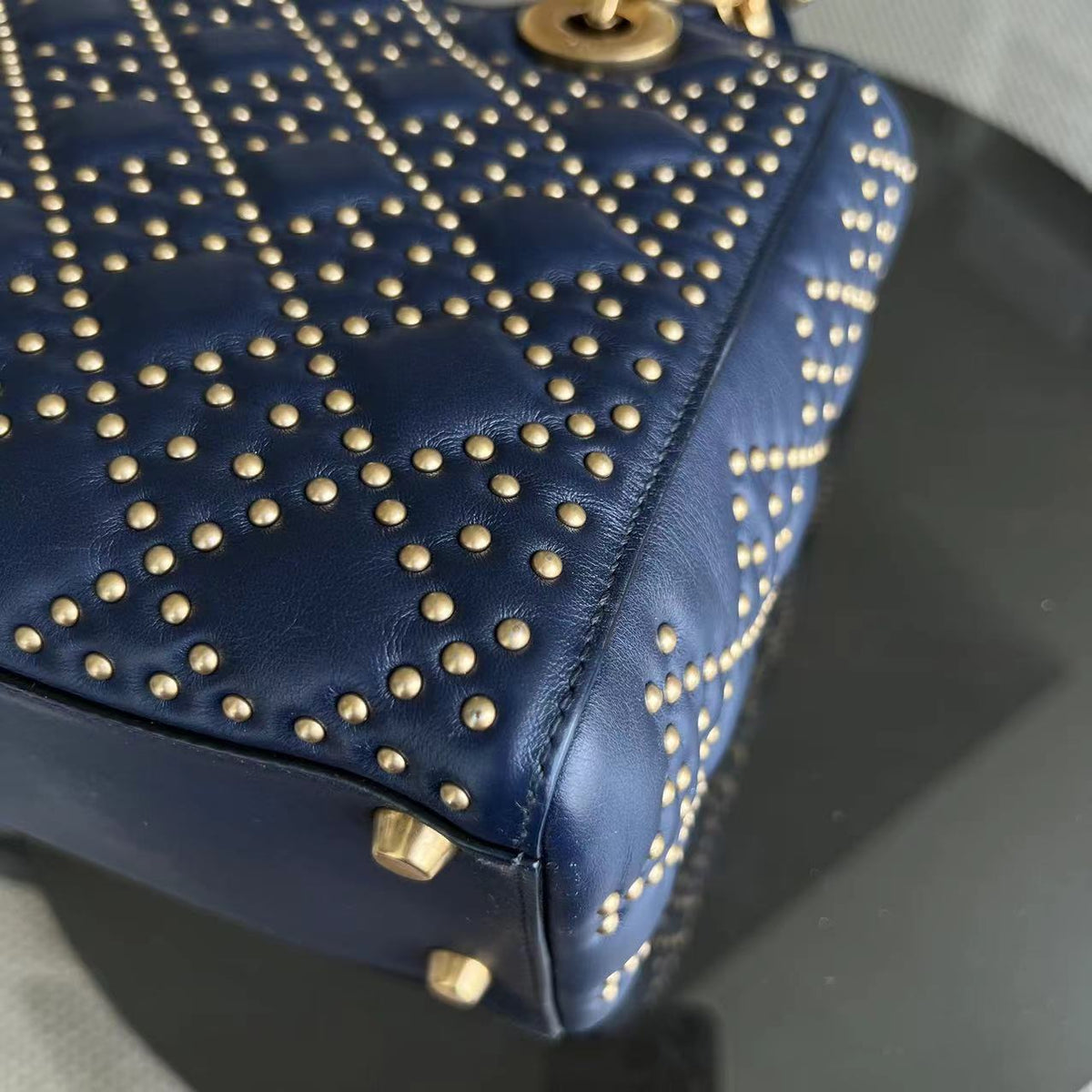 *Flap Version* Lady Medium Studded Calfskin Dark Blue Golden Hardware