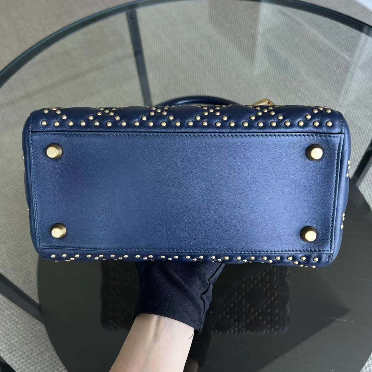 *Flap Version* Lady Medium Studded Calfskin Dark Blue Golden Hardware