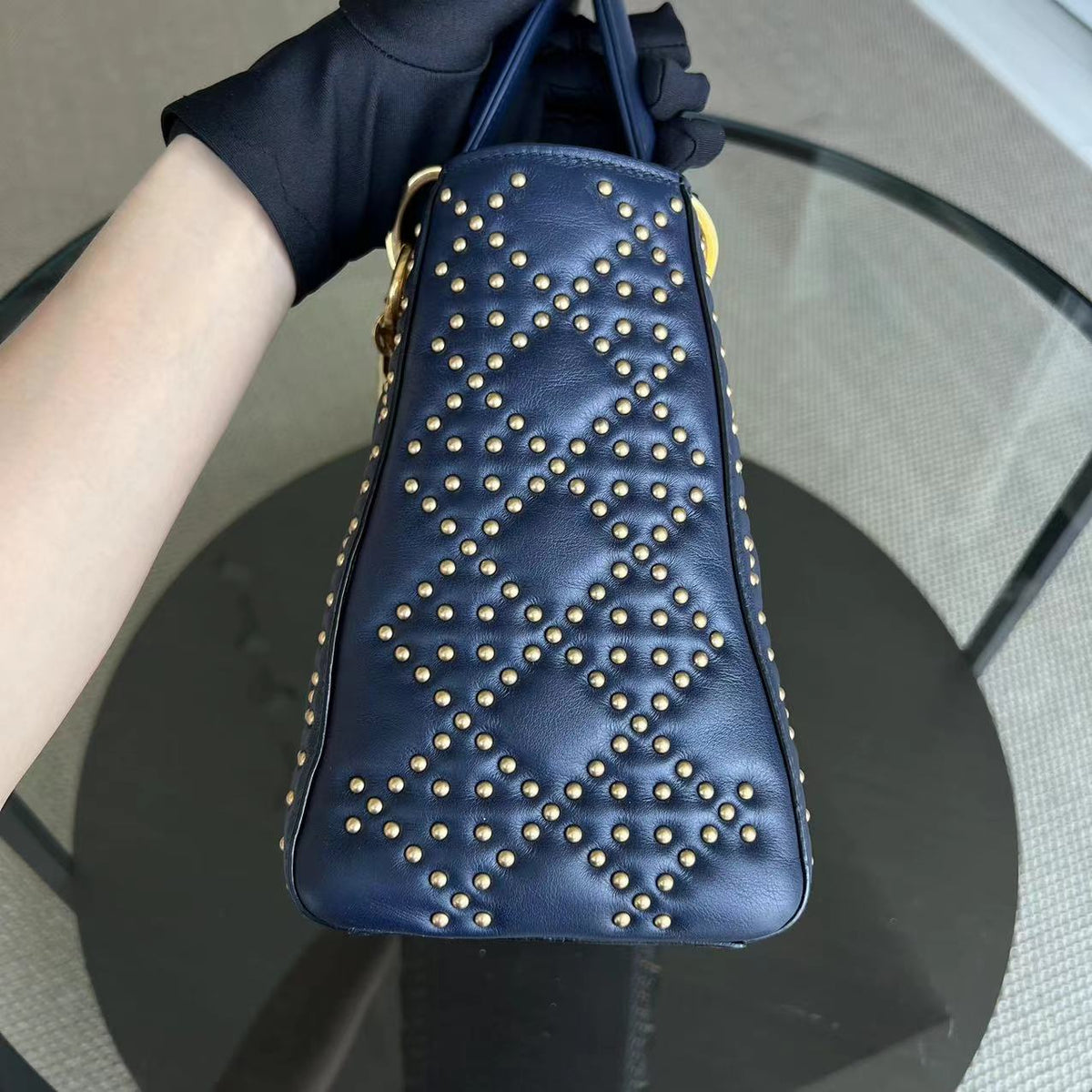 *Flap Version* Lady Medium Studded Calfskin Dark Blue Golden Hardware