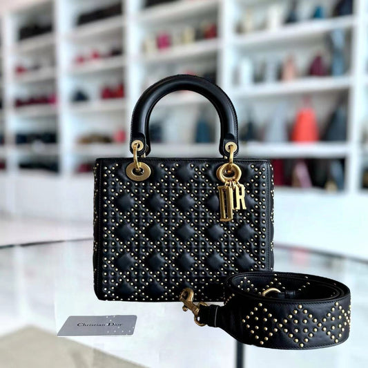 *Flap Version* Lady Medium Studded Cannage Lambskin Black Golden Hardware