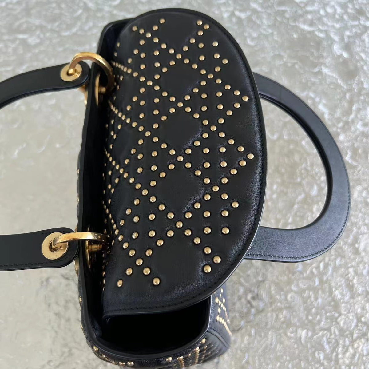 *Flap Version* Lady Medium Studded Cannage Lambskin Black Golden Hardware