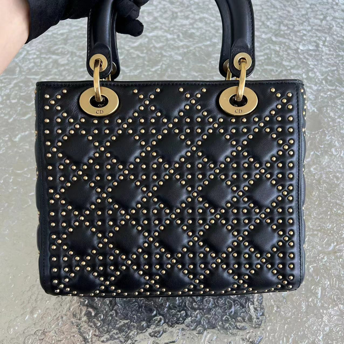 *Flap Version* Lady Medium Studded Cannage Lambskin Black Golden Hardware