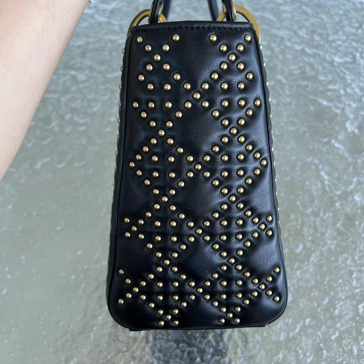 *Flap Version* Lady Medium Studded Cannage Lambskin Black Golden Hardware