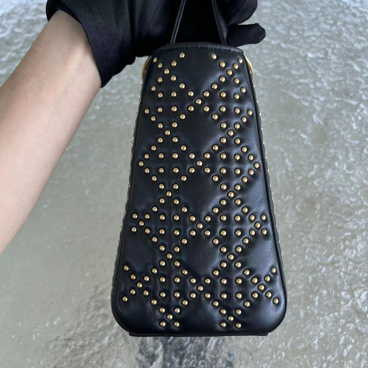 *Flap Version* Lady Medium Studded Cannage Lambskin Black Golden Hardware