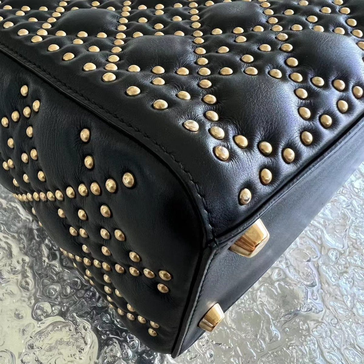 *Flap Version* Lady Medium Studded Cannage Lambskin Black Golden Hardware