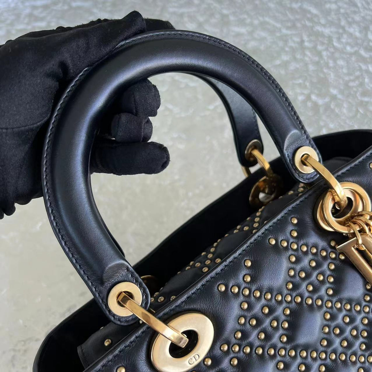 *Flap Version* Lady Medium Studded Cannage Lambskin Black Golden Hardware
