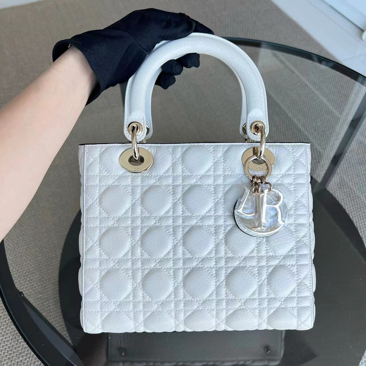 *Flap Version, Grained Calfskin, No Strap* Lady Medium White Cannage Grained Calfskin White GHW