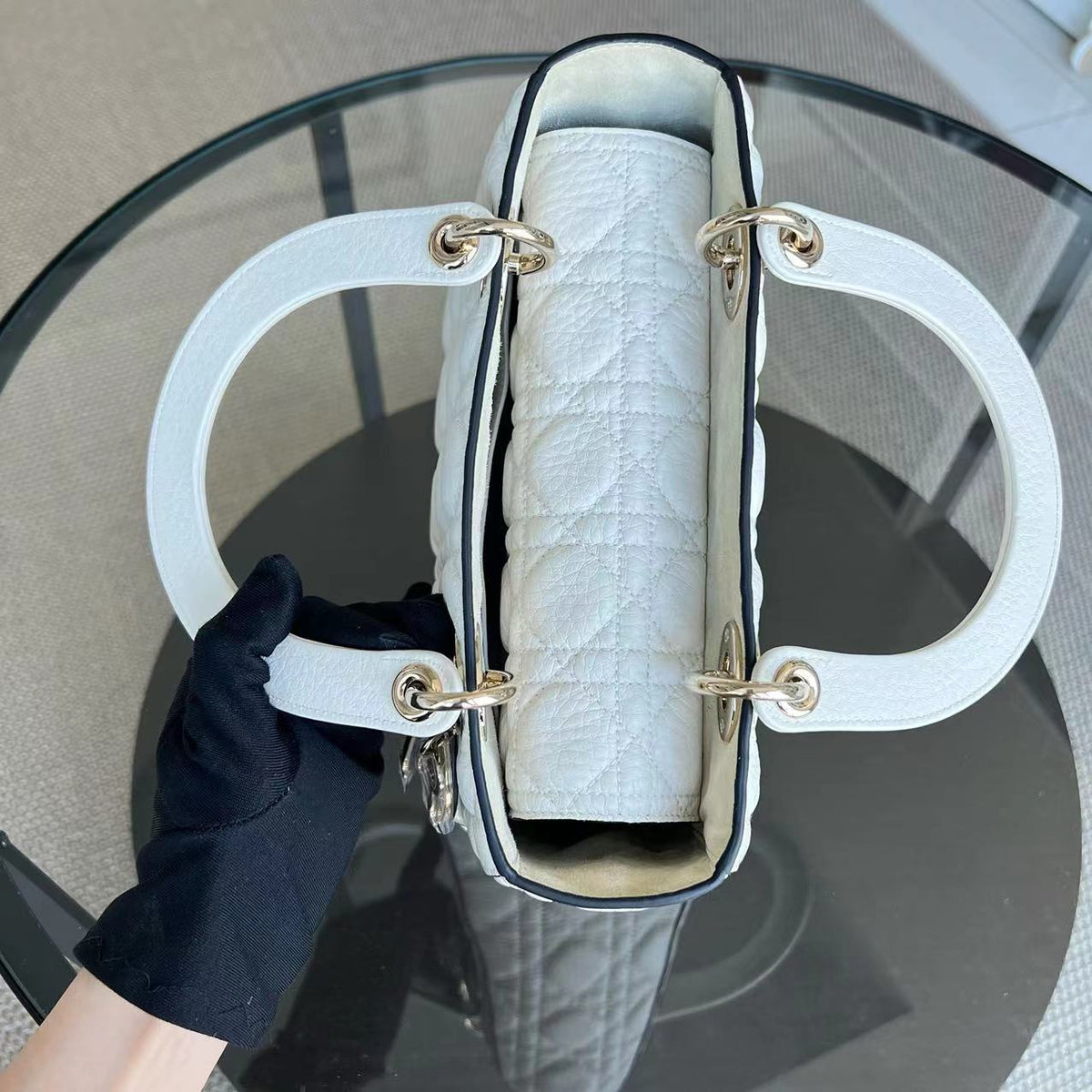 *Flap Version, Grained Calfskin, No Strap* Lady Medium White Cannage Grained Calfskin White GHW