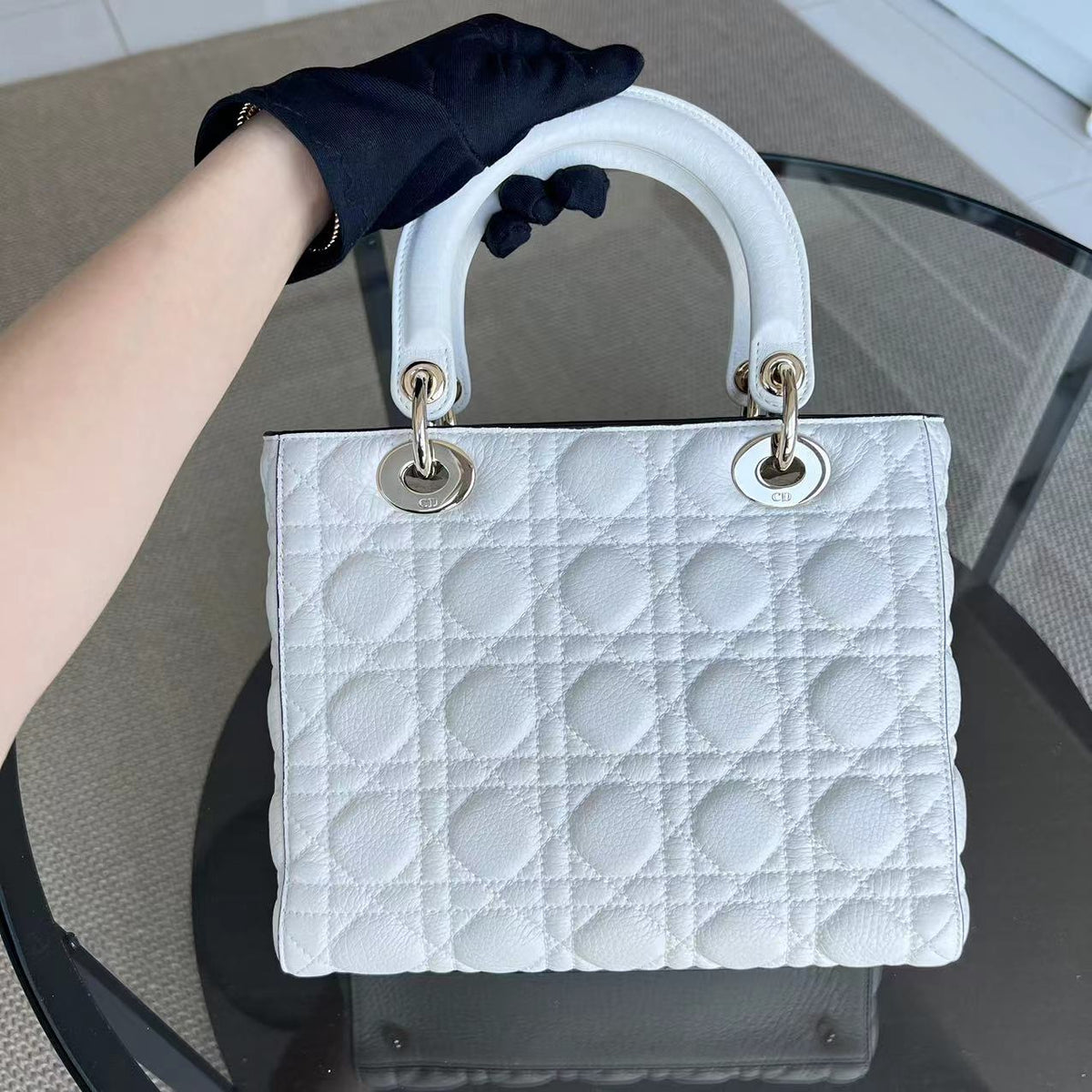 *Flap Version, Grained Calfskin, No Strap* Lady Medium White Cannage Grained Calfskin White GHW